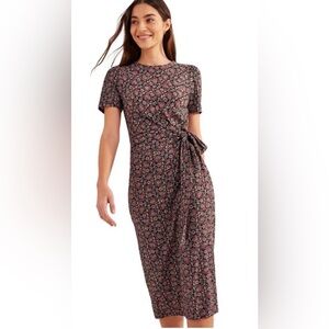 Boden Women's Knot Front Jersey Midi Dress in a black block paisley print 8p